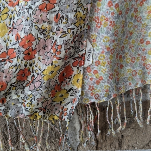 Fossil Ditsy Floral Long Rectangular Scarf with Fringe Lightweight Flowy - Picture 2 of 7